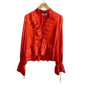 LaBiz Orange Satin Ruffle Long Sleeve Button Down Blouse Size Small